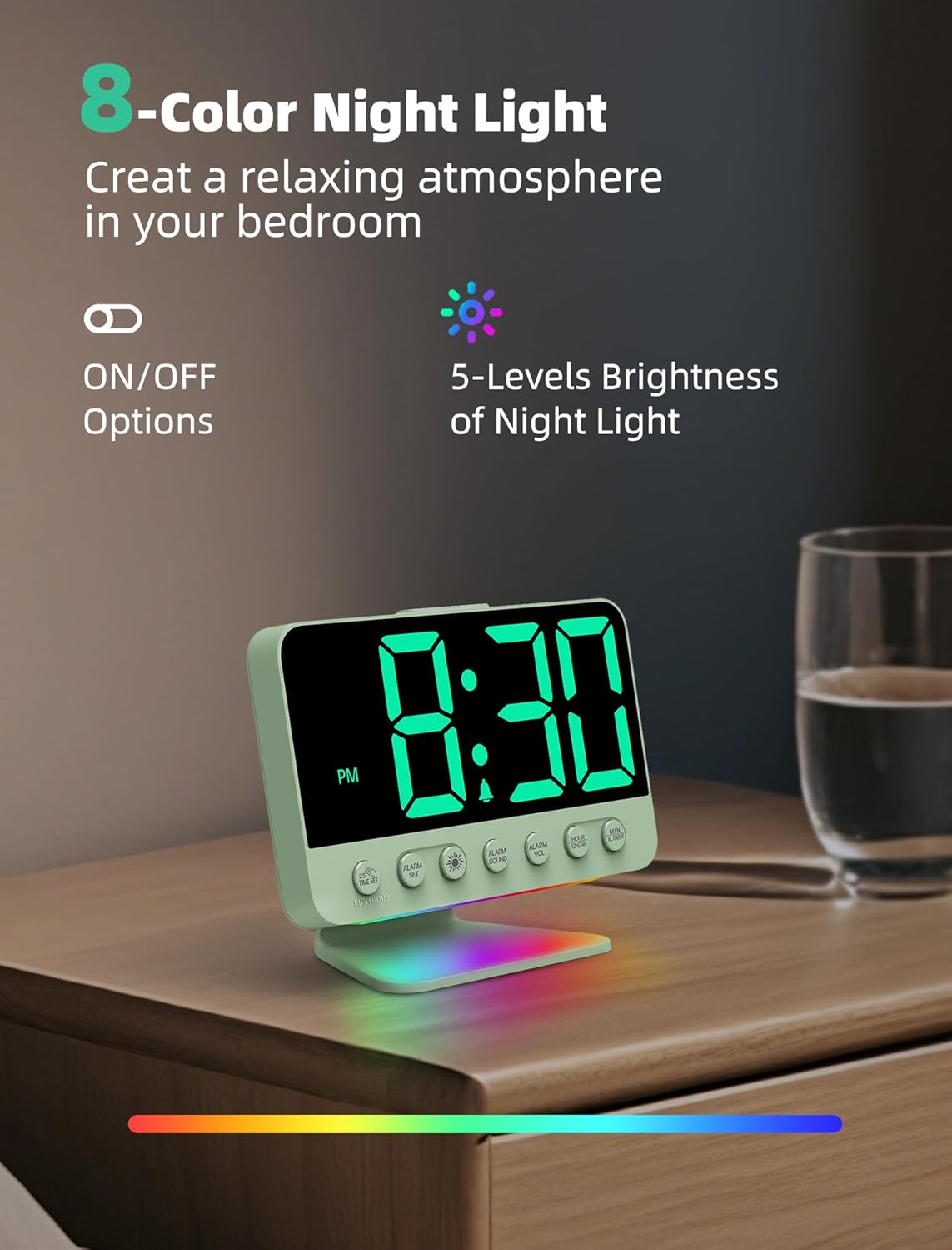 Odokee Digital Alarm Clocks for Bedrooms: Large Bold Number 5 Brightness Dimmer - Easy to Read Across The Room - 5 Alarm Sound 8 Night Light - Silver