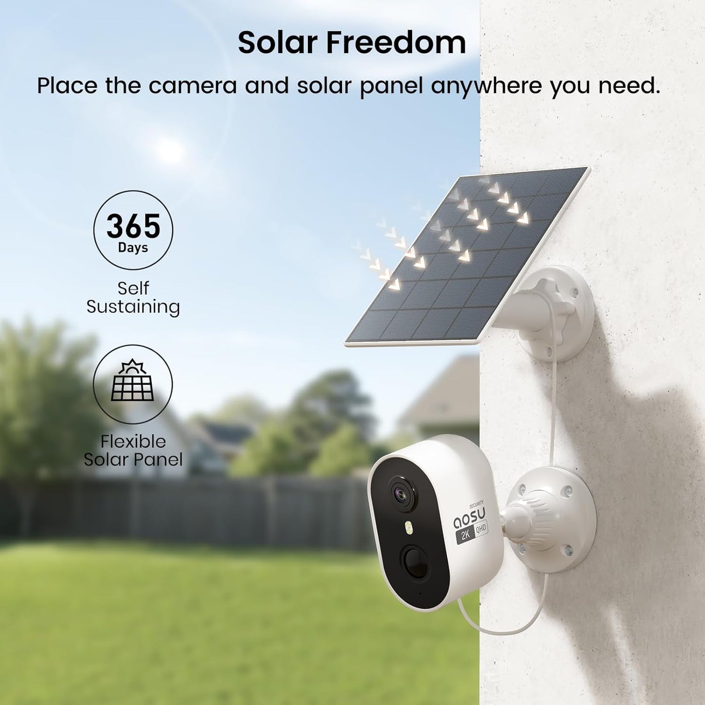 AOSU 2K Security Camera Wireless Outdoor, Solar Powered Security Camera with Spotlight, Siren, Motion Detection, Full Color Night Vision, 2-Way Audio, IP66, Compatible with Alexa, 2.4GHz WiFi (2PACK)