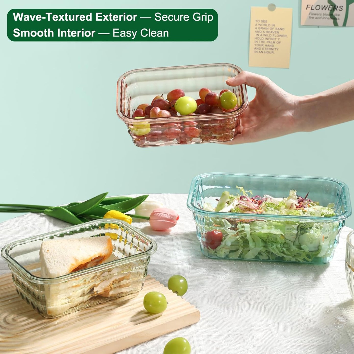 Taiuloo 3-Piece Salad Bowls with Lids & Handle, BPA Free Plastic Meal Prep Containers for Lunch, Kitchen Mixing & Serving Bowls for Salad, Snack, Fruit, Veggie, Blue