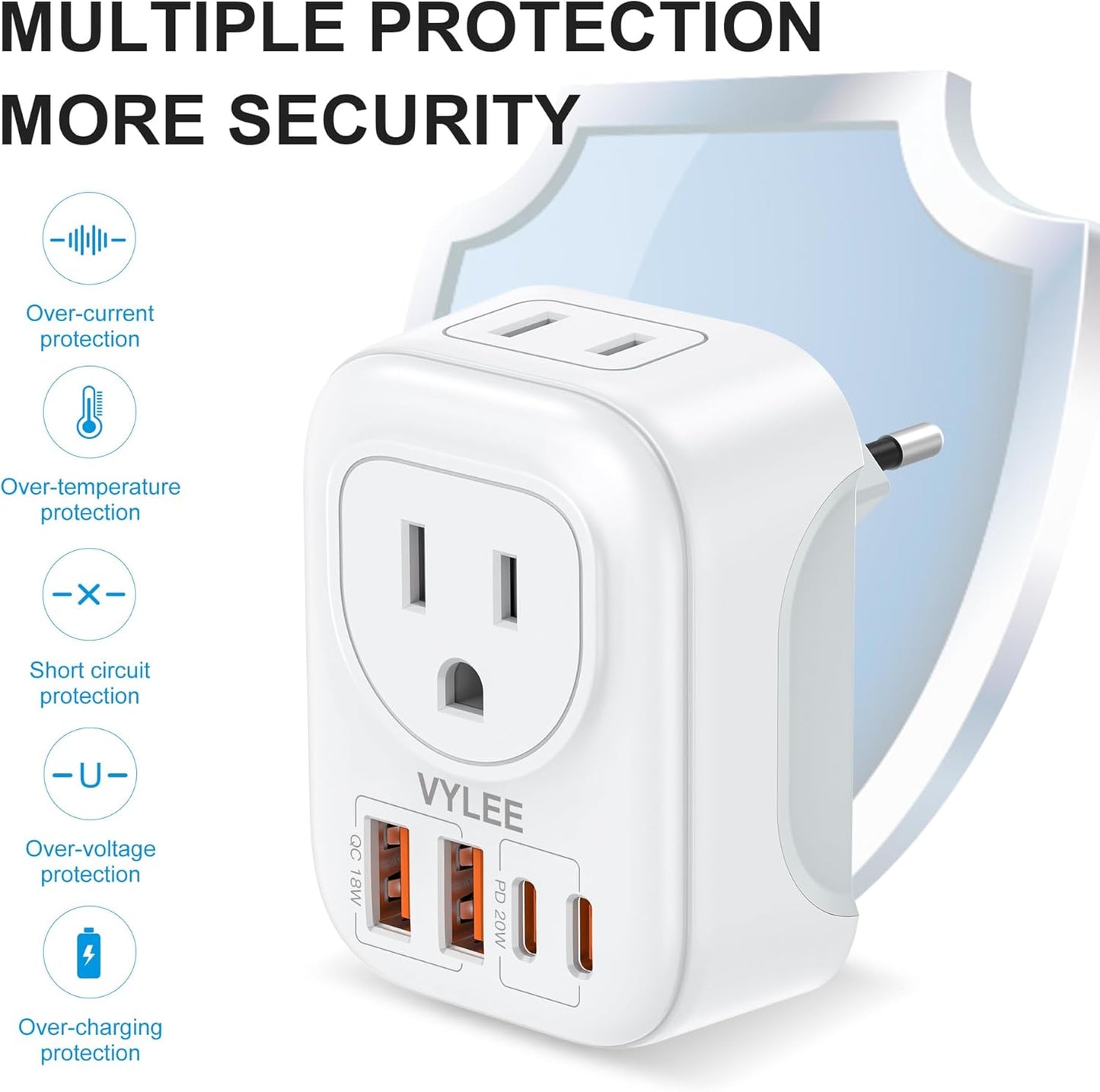 2 Pack European Travel Plug Adapter, VYLEE International Travel Adapter with 2 Outlets 4 USB Ports(2 USB C), 6 in 1 Type C Travel Essentials Charger for US to Most of Europe EU Italy Spain France