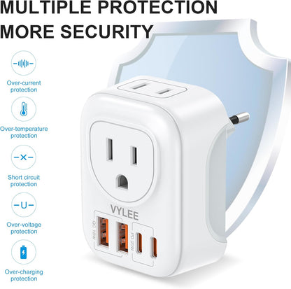 2 Pack European Travel Plug Adapter, VYLEE International Travel Adapter with 2 Outlets 4 USB Ports(2 USB C), 6 in 1 Type C Travel Essentials Charger for US to Most of Europe EU Italy Spain France