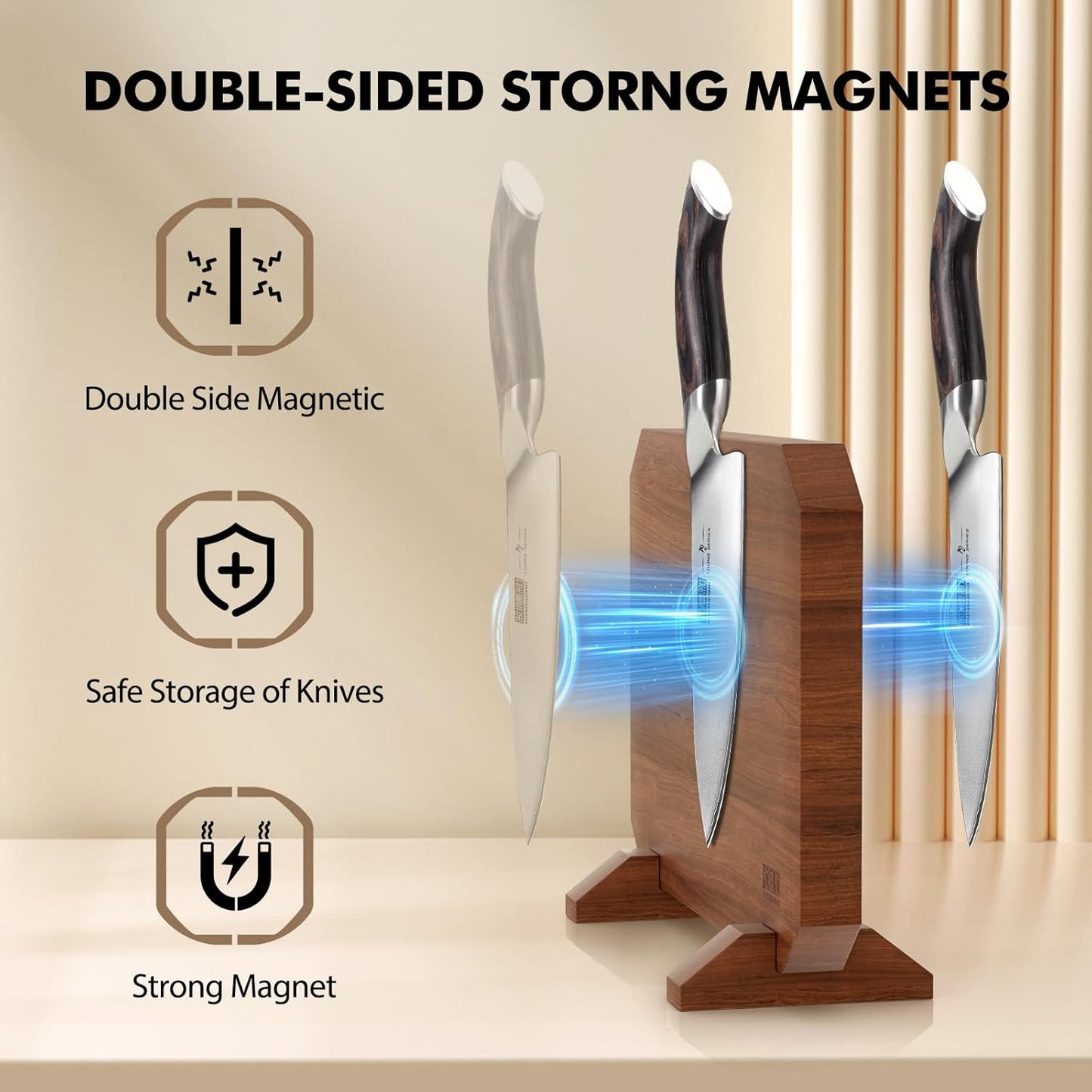 HOSHANHO Magnetic Knife Block 14 x 10 Inches, Double Sided Magnetic Knife Holder Rack for Kitchen Counter, Acacia Wood Magnetic Knife Storage Stand with Knife Sharpener