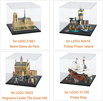 Thickened Clear Acrylic Display Case for Lego 10330 43268 76450 42170 10295 10353 Collectibles, Transparent Box Dustproof Protection with Wood-Plastic Base & String Light, Black Inside 40x20x20cm