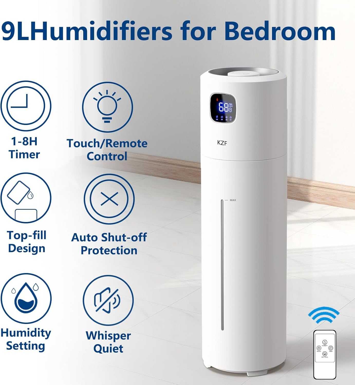 9L Large Cool Mist Humidifier for Bedroom – Quiet Ultrasonic Top-Fill Humidifier with Essential Oil Diffuser, 360° Nozzle, 25W Rapid Humidification for Large Rooms (White) - PuriLite