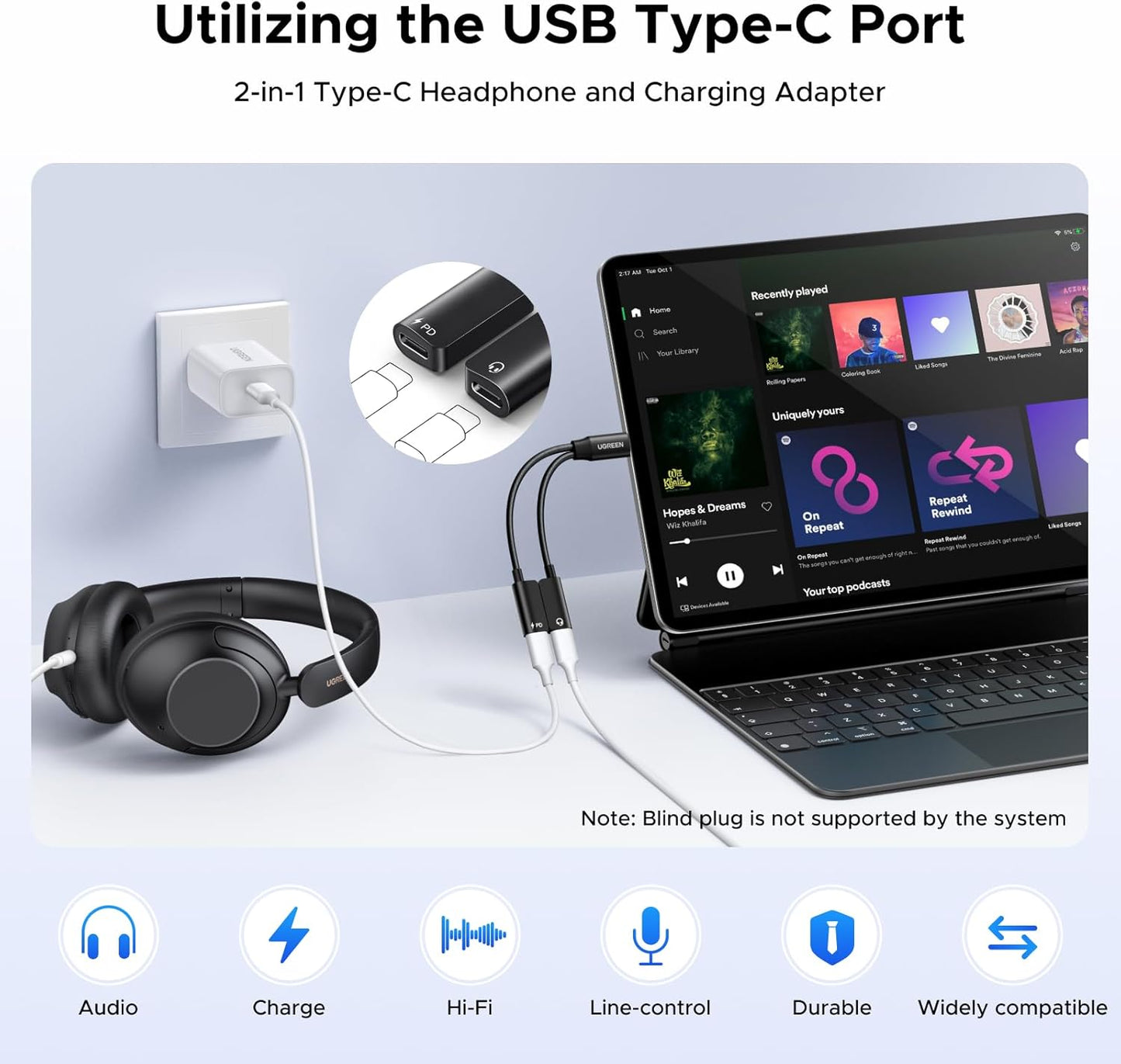 UGREEN Audio Adapter USB C Splitter 1 in 2 Out Dual USB C Headphone and Charger Magnetic Type C with PD 60W Fast Charging Dongle Cable for iPhone 16 Pro Max, Galaxy S25 Ultra, Pixel 9, iPad Pro/Air