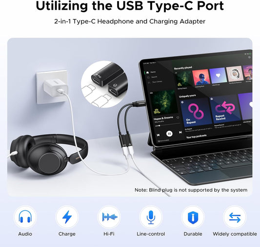UGREEN Audio Adapter USB C Splitter 1 in 2 Out Dual USB C Headphone and Charger Magnetic Type C with PD 60W Fast Charging Dongle Cable for iPhone 16 Pro Max, Galaxy S25 Ultra, Pixel 9, iPad Pro/Air - PuriLite
