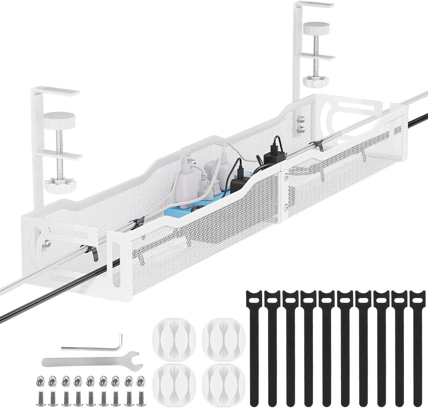 Cable Management, 64CM Cable Management Under Desk No Drill, Metal Cord Organizer with Clamp for Standing Desk, Cable Organizer for Home Office, White