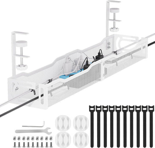 Cable Management, 64CM Cable Management Under Desk No Drill, Metal Cord Organizer with Clamp for Standing Desk, Cable Organizer for Home Office, White