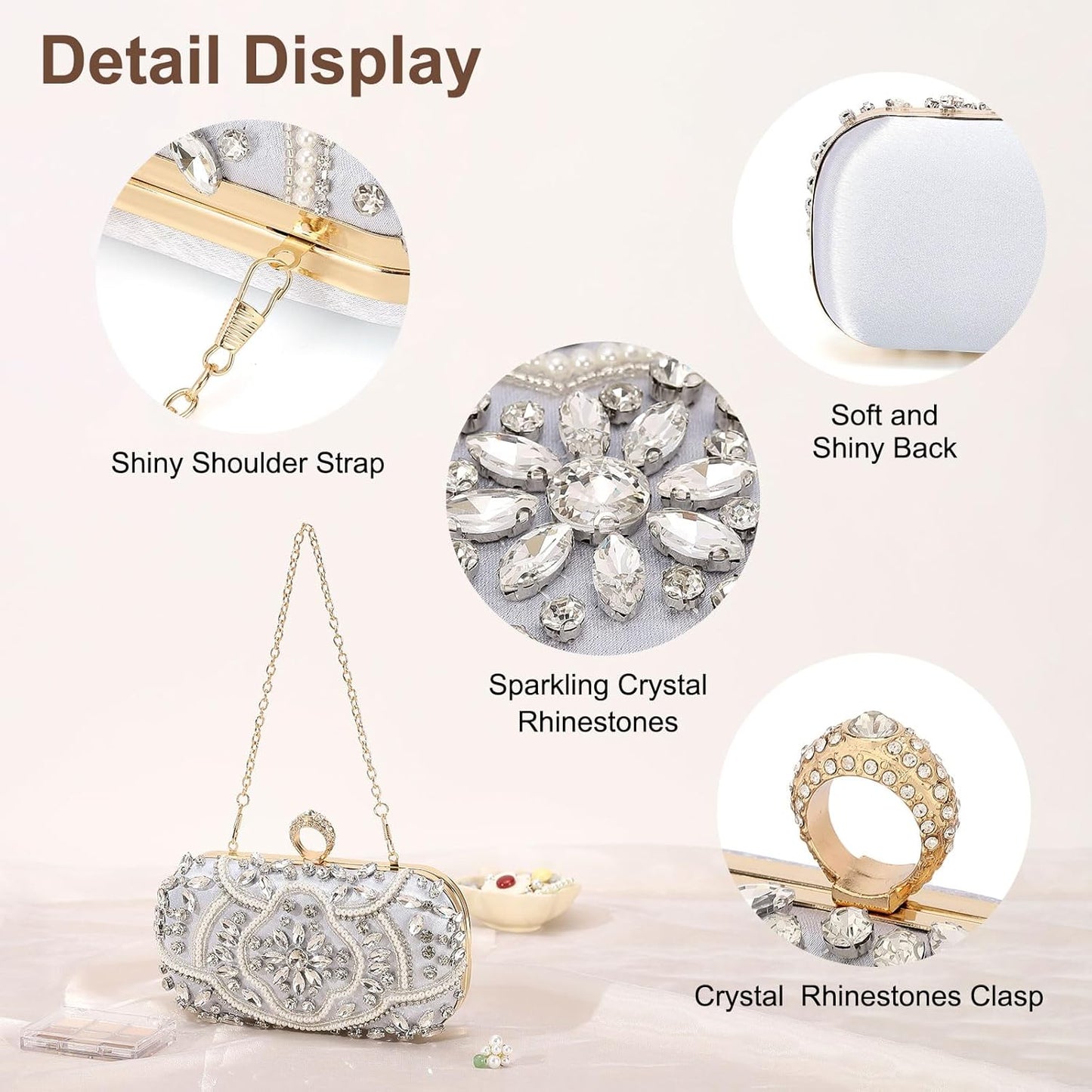 DTGN Evening Bags Clutch Purses for Women Formal, Beaded Clutch Rhinestone Handbags Shoulder Bag with Chain Sparkly