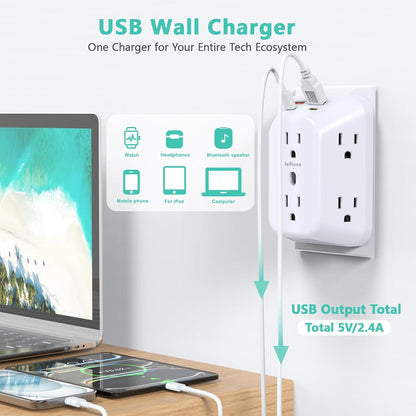 Multi Plug Socket Surge Protector | 10-in-1 Wall Outlet Extender | 6 AC Outlets | 2 USB-A & 2 USB-C Ports | 4-Pack