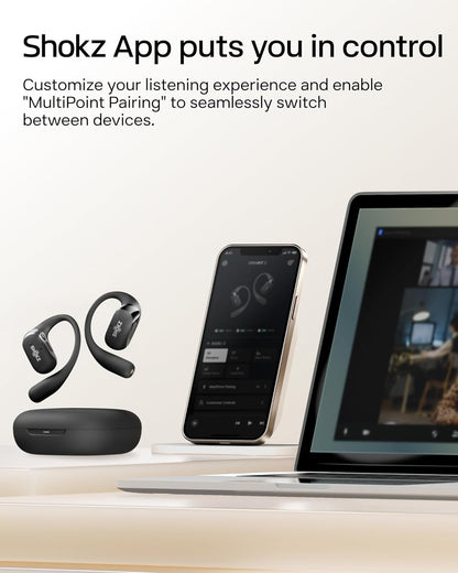 New SHOKZ OpenFit 2 Open-Ear Headphones, True Wireless Bluetooth Earphones with Microphone, Earhook Earbuds with 48 Hours of Playtime, Fast Charging, IP55 Water-Resistant, with Carrying Bag, Black