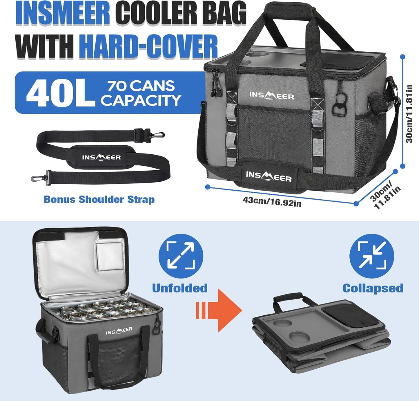 INSMEER Hard Top Soft Cooler with 2 Cup Holders, Large Foldable Cooler Bag - 40L/70 Cans, 100% Leakproof/Insulated/Portable Glaciere with Shoulder Strap for Travel, Beach, Camping, BBQ, Events