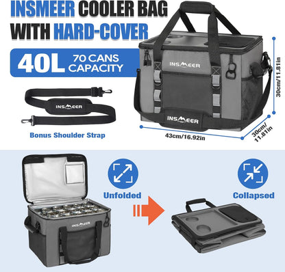 INSMEER Hard Top Soft Cooler with 2 Cup Holders, Large Foldable Cooler Bag - 40L/70 Cans, 100% Leakproof/Insulated/Portable Glaciere with Shoulder Strap for Travel, Beach, Camping, BBQ, Events