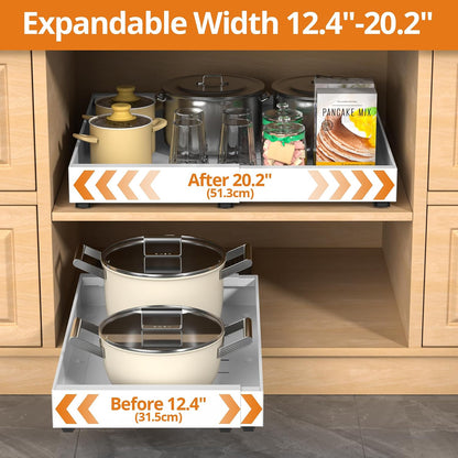 2 Pack Expandable Pull Out Cabinet Organizer, 21"Deep Slide Out Drawer with Nano Adhesive, Upgrade 3 Slide Rails Roll Out Shelf for Kitchen, Pantry or Bathroom, Adjustable Width 12.4"-20.2"