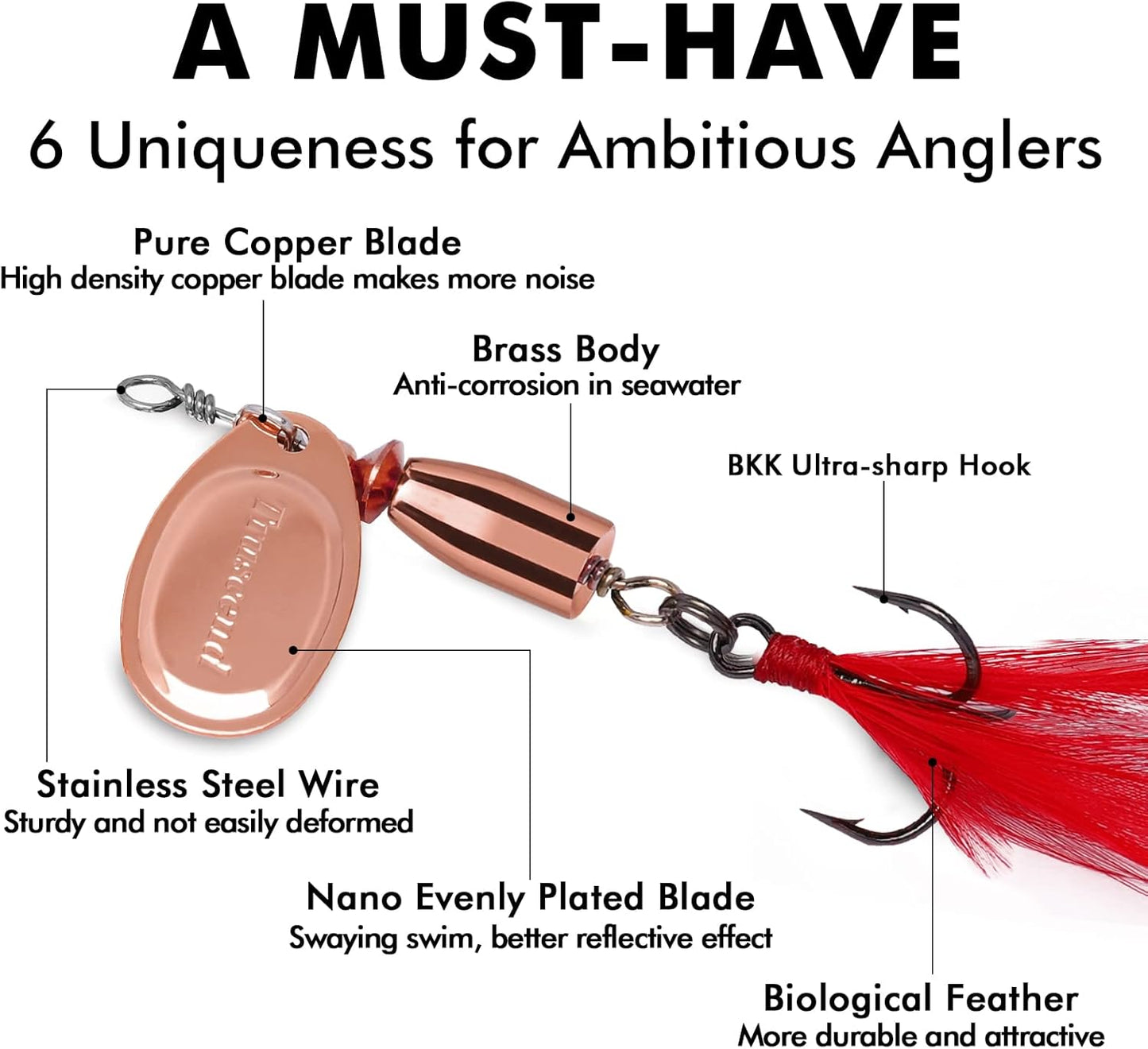 TRUSCEND Fishing Spinners with Unique Double Spoons, Nano-Plated Rooster Tail Fishing Lures with Copper Body & Blade, Great Action Blade Bait for Bass Trout Walleye, Freshwater Ice Fishing Jigs