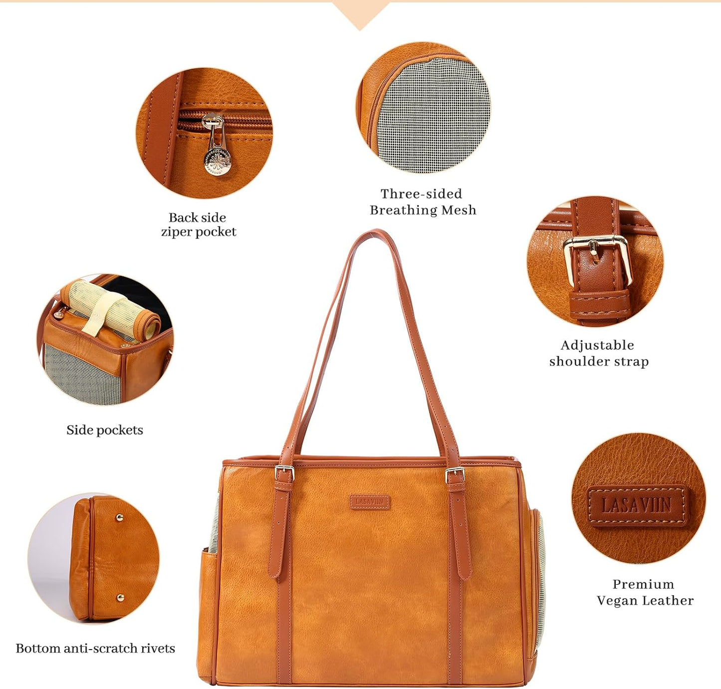 Lasaviin Fashion Dog Purse Pet Carrier Leather Bag for Small Dogs Cats Puppy, Portable Tote Bag Airline Approved Soft-Sided Carriers (Brown)