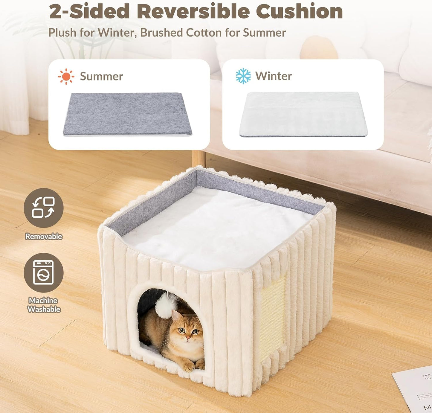 Avont Cat Cube Bed for Indoor Cats, 2-in-1 Enclosed Cat House with Scratching Pad, Foldable Cave Hideaway Bed for Kittens -Cream