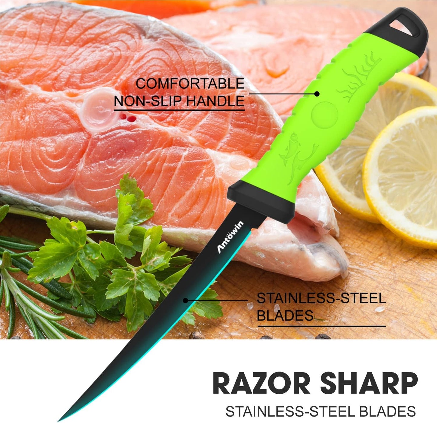 8 Inch Fishing Fillet Knife, Professional Level Knives for Filleting Fish and Boning Meat, Sharp Stainless-Steel Non-Stick Coating Blade, Non-Slip Handles, with 1 Two Stage Knife Sharpener