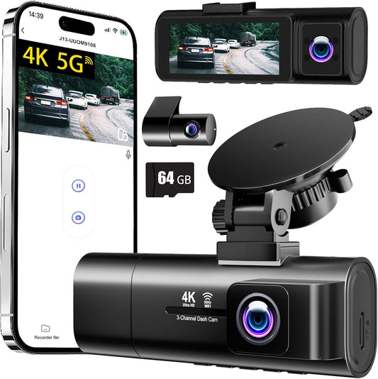 4K Dash Cam Front and Rear Inside Camera,Free 64GB Card, 3 Channel Dashcams for Car with 5G WiFi,3.16" IPS,170°Wide Angle,Loop Recording,G-Sensor,WDR,Night Vision,Time-Lapse,Parking Monitor