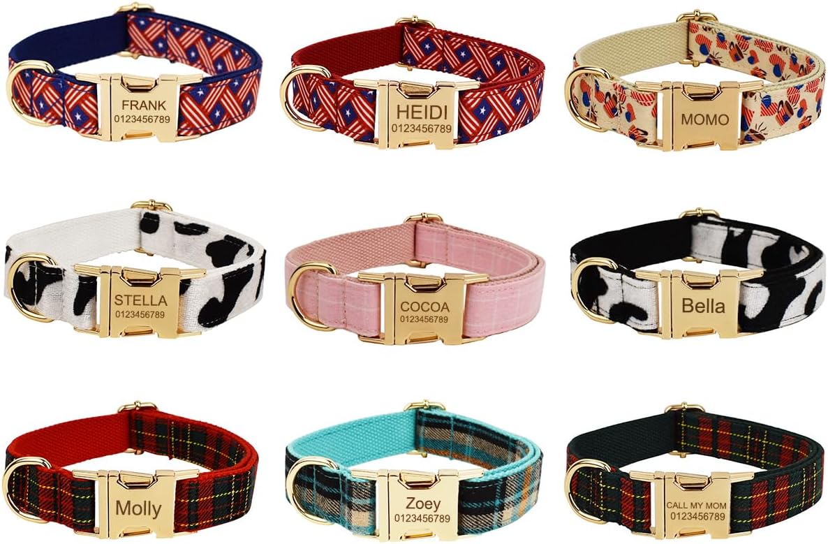 Custom Dog Collar with Metal Buckle - Pet Collars Personalized with Name and Phone Number (Plaid)