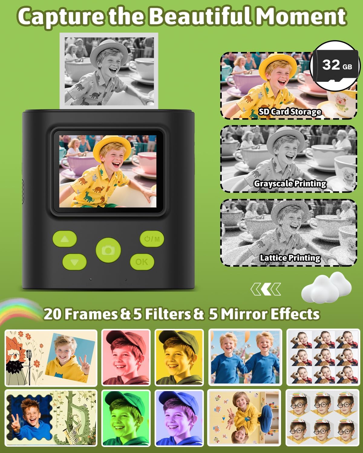 Mgaolo Kids Camera with Instant Print, Thermal Printing Digital Camera Gift for 3-12 Years Old Children, Safe Ink-Free Design, Toy for Creativity & Learning (Black)