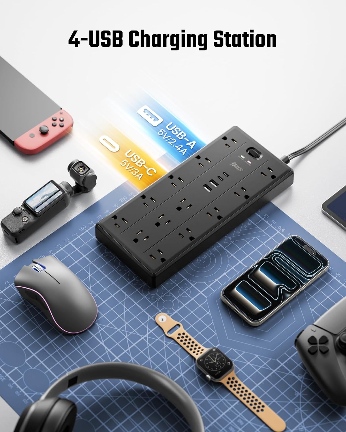 SUPERDANNY Surge Protector Power Bar with 13 Outlets & 4 USB (2 USB C), 6Ft