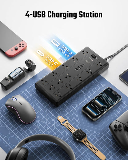 SUPERDANNY Surge Protector Power Bar with 13 Outlets & 4 USB (2 USB C), 6Ft