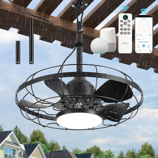 Outdoor Ceiling Fan with Light for Patios, 21" Garage Ceiling Fan Outdoor Hanging, IP65 Waterproof Plug in Ceiling Fan with Alexa/Google/App Control,3CCT Dimmable 6-Speeds for Patios Porch