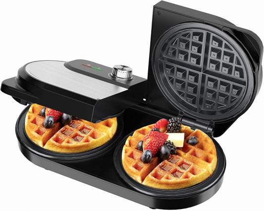 YASHE Double Waffle Maker 6 Inch, 1400W Belgian Waffle Maker for Breakfast and Snacks, Stainless Steel Waffle Iron with Nonstick Plates, Temperature Knob, Cool-Touch Handles - PuriLite
