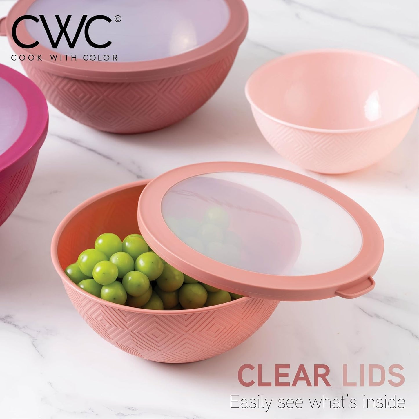 COOK WITH COLOR Mixing Bowls with TPR Lids - 12 Piece Plastic Nesting Bowls Set Includes 6 Prep Bowls and 6 Lids, Microwave Safe Mixing Bowl Set (Green)