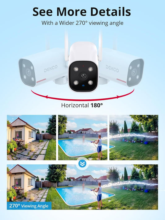 DEKCO 2Pack Outdoor Security Camera with 2K Color Night Vision, Pan Rotating 180° Wired Camera Surveillance Exterieur Support 24/7 Recording, 2.4&5G WiFi, AI Auto Tracking, Work Alexa/Google Assistant - PuriLite