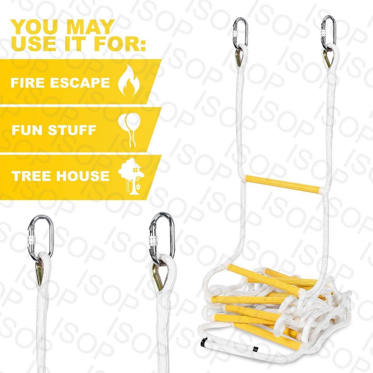 ISOP Fire Escape Rope Ladder 5 m with Spring Hooks - Emergency Evacuation Ladders - Flame Resistant Compact & Lightweight Safety Ropes 900 kg Weight Capacity - Hanging Ladders for Work