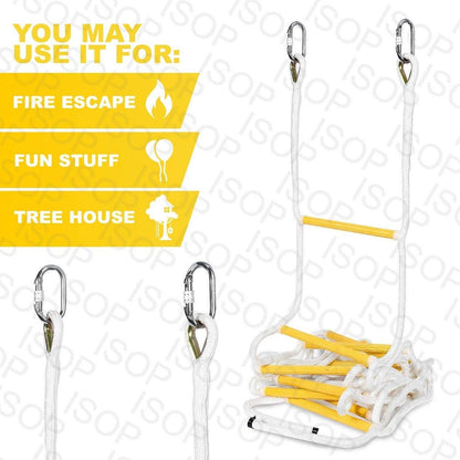 ISOP Fire Escape Rope Ladder 5 m with Spring Hooks - Emergency Evacuation Ladders - Flame Resistant Compact & Lightweight Safety Ropes 900 kg Weight Capacity - Hanging Ladders for Work