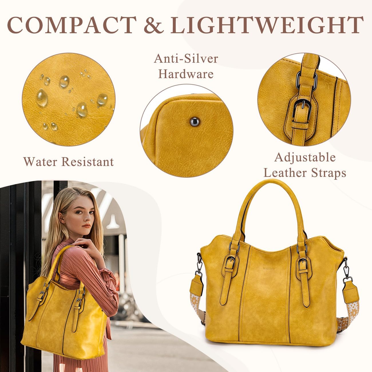 Hobo Bags for Women,VASCHY Vegan Leather Handbag Purse Top Handle Satchel Boho Shoulder Bag with Crossbody Guitar Strap