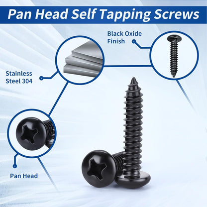 #8 x 2 Phillips Pan Head Self Tapping Screws Sheet Metal Wood Screws, Black Oxide, Stainless Steel 304, 50 PCS