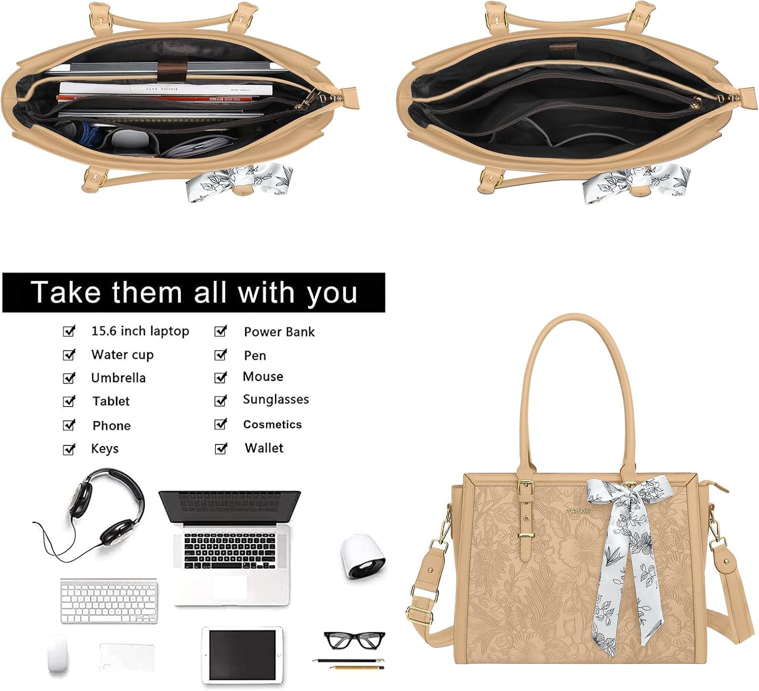 MOSISO Laptop Bag for Women, 17-17.3 inch PU Leathe Tote Bag Compatible with MacBook, HP, Dell, Asus Notebook, Front Embossed Retro Hibiscus Computer Bag with Silk Scarf&Clutch Purse, Gray - PuriLite