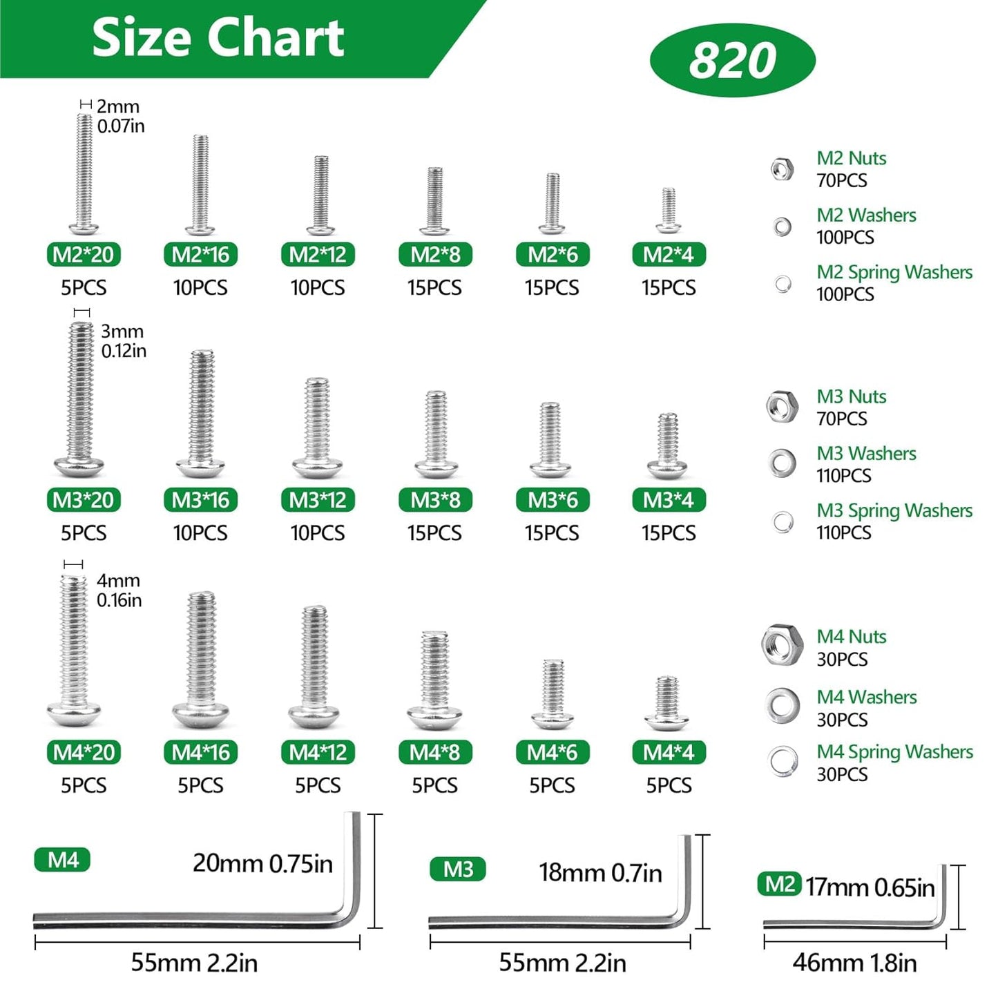 860PCS Metric Screw Assortment Kit, M2 M3 M4 M5 Machine Screws with Lock & Flat Washers, 10.9 Grade Alloy Steel, Metric Hex Button Head Cap Nuts and Bolts Assortment Kit with 4 Wrenches