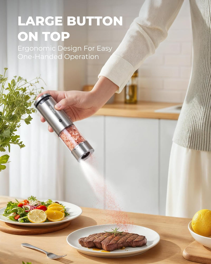 Sangcon 2-Speed Rechargeable Electric Salt and Pepper Grinder Set, 6 External Adjustable Coarseness Levels, Automatic Salt & Pepper Mill Shakers Set with Storage Base, One-Handed Operation, Silver
