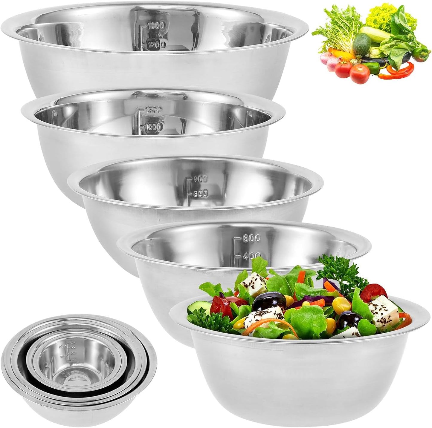 5 Pcs Stainless Steel Mixing Bowl Set with Internal Measurement Markers 5 Sizes 4.5QT 3QT 2QT 1.5QT 0.7QT Metal Nesting Bowls Multipurpose Metal Bowls for Serving Cooking Baking Prepping