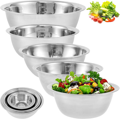 5 Pcs Stainless Steel Mixing Bowl Set with Internal Measurement Markers 5 Sizes 4.5QT 3QT 2QT 1.5QT 0.7QT Metal Nesting Bowls Multipurpose Metal Bowls for Serving Cooking Baking Prepping