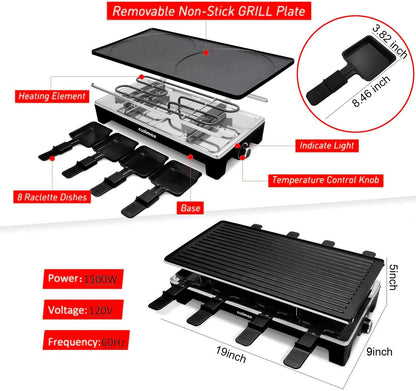 Raclette Table Grill, CUSIMAX Electric Indoor Grill, Portable Korean BBQ Grill with 2 in 1 Reversible Non-stick Plate& Natural Grill Stone, 1500W Electric Party Grill, 8 Raclette Pans& Wooden Spatulas