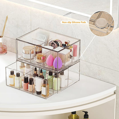 2 Pack Coffee Pod Storage Drawer, Stackable Tea Bag Organizer with Dividers, Acrylic Coffee and Tea Packet Holder, Clear Plastic Storage Bins for Kitchen Pantry, Countertop or Cabinet