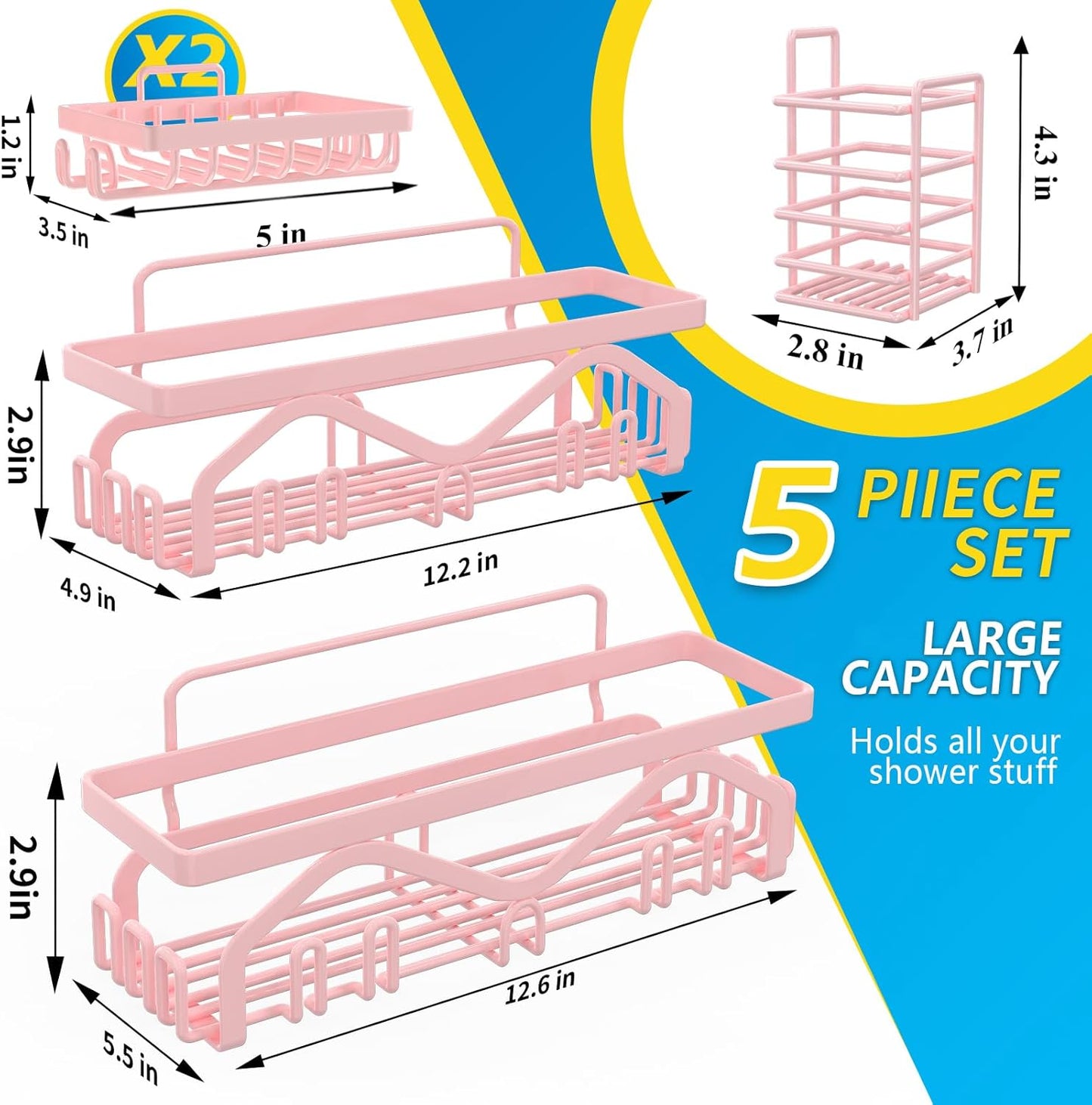 Coraje Adhesive Shower Caddy, 5-Pack Shower Shelves, Large Capacity Load Bearing 40 LBS Shower Organizer, No Drilling Shower Shelf, Rustproof Stainless Steel Bathroom Shower Storage, Black