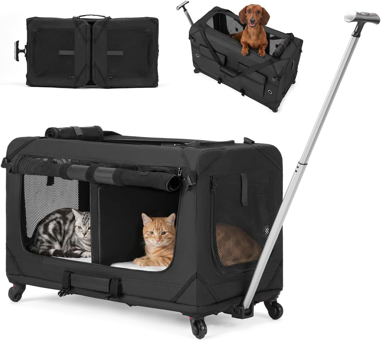 Veehoo Large Pet Carrier with Wheels for 2 Cats, Extra Long 76cm Foldable | Soft-Sided Rolling Cat Carrier for 2 Small Dogs, Removable Divider, Telescopic Handle, 76× 38× 51 cm, Black