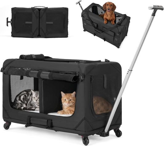 Veehoo Large Pet Carrier with Wheels for 2 Cats, Extra Long 76cm Foldable | Soft-Sided Rolling Cat Carrier for 2 Small Dogs, Removable Divider, Telescopic Handle, 76× 38× 51 cm, Black