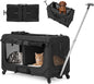 Veehoo Large Pet Carrier with Wheels for 2 Cats, Extra Long 76cm Foldable | Soft-Sided Rolling Cat Carrier for 2 Small Dogs, Removable Divider, Telescopic Handle, 76× 38× 51 cm, Black