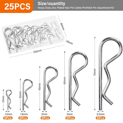 OLCANA 25 Pieces Cotter Pin Assortment Kit 5 Size M1.2 -M3.5 Stainless Steel R Hitch Pin Clips for Tractor Truck Tillage Machine, Retaining Pins