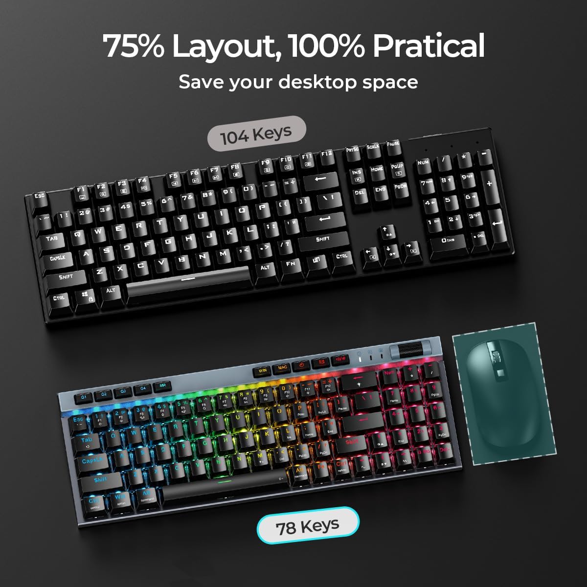 Mechanical Gaming Keyboard,RGB 104 Keys Ultra-Slim Rainbow LED Backlit USB Wired Keyboard with Blue Switches,Durable ABS Keycaps/Anti-Ghosting/Spill-Resistant Mechanical Keyboard for PC Mac Xbox Gamer
