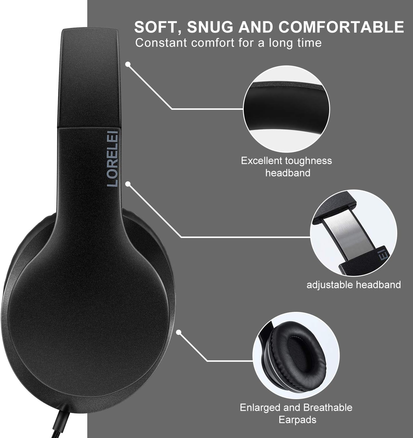 LORELEI X6 Over-Ear Wired Stereo Bass Headphones with Microphone, Lightweight, Foldable & Portable with 1.45M No-Tangle for Smartphone, Tablet, MP3/4, Space Black