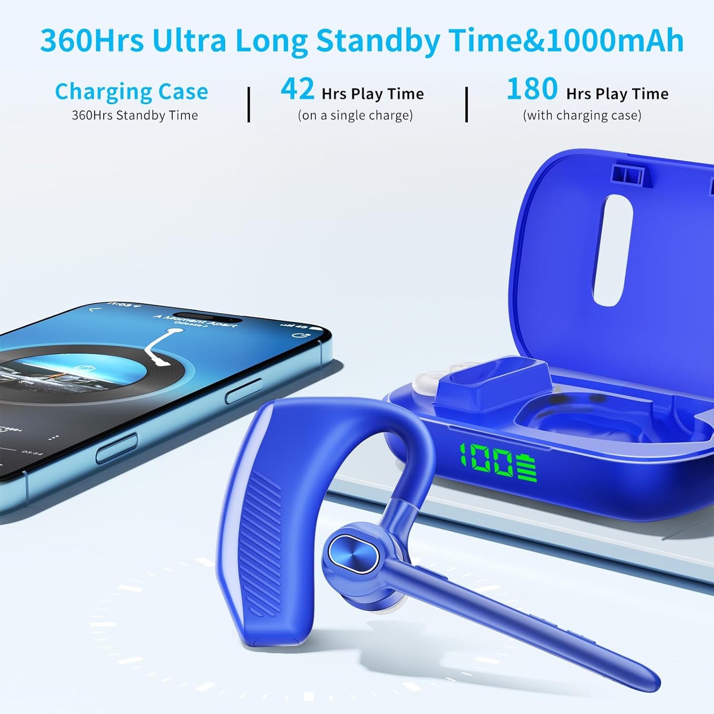Wireless Headset Bluetooth Earpiece with Dual Noise Canceling Microphone Hands Free Headphones Single Ear Earphone Over Ear Earbud for iPhone Samsung Android Cellphones TV PC Trucker Game Work